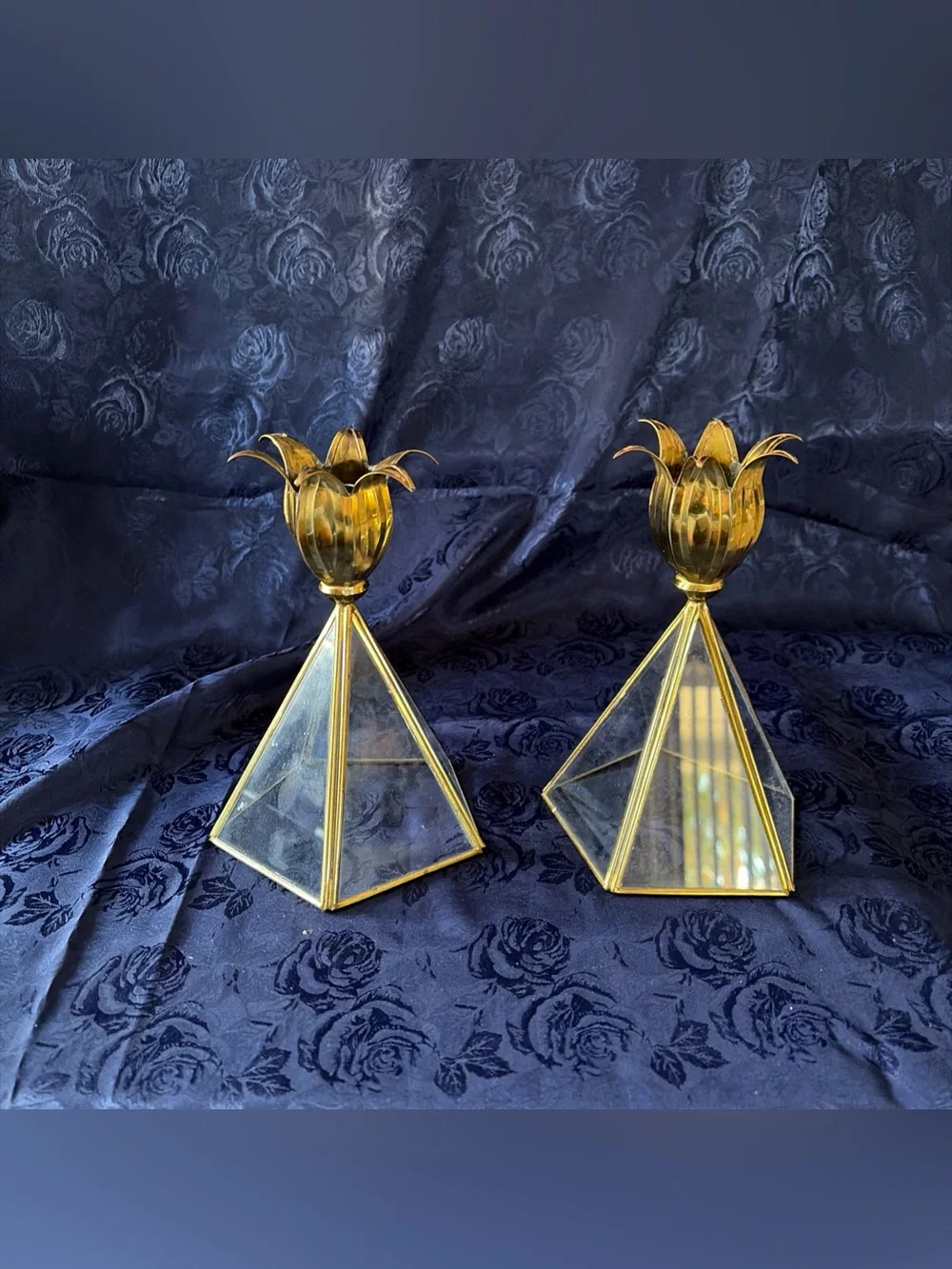 VTG Pair Of Glass Pyramid Base/Brass Tulip Candle Holders-Unique